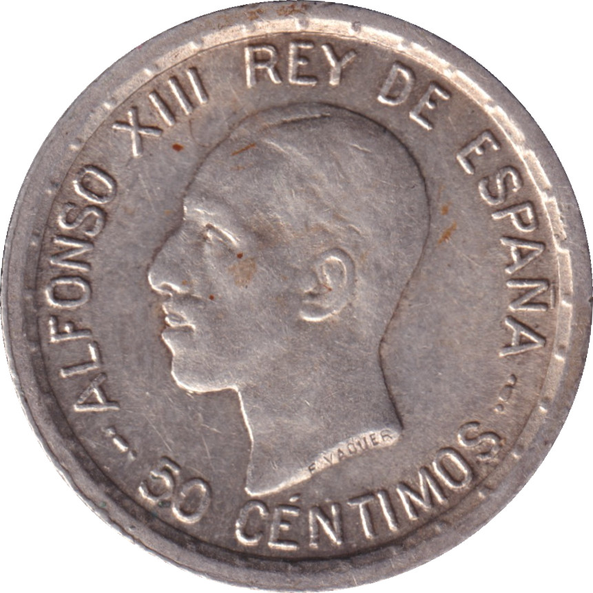50 centimos - Alphonse XIII - Tête agée