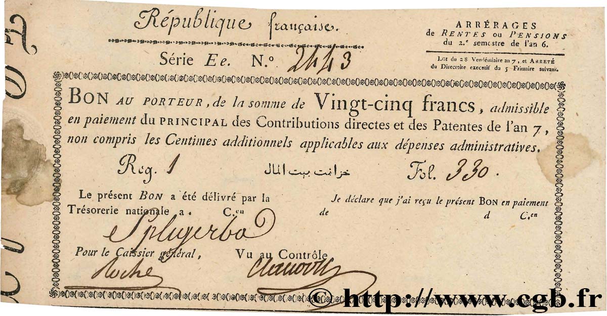 25 francs - Contributions directes